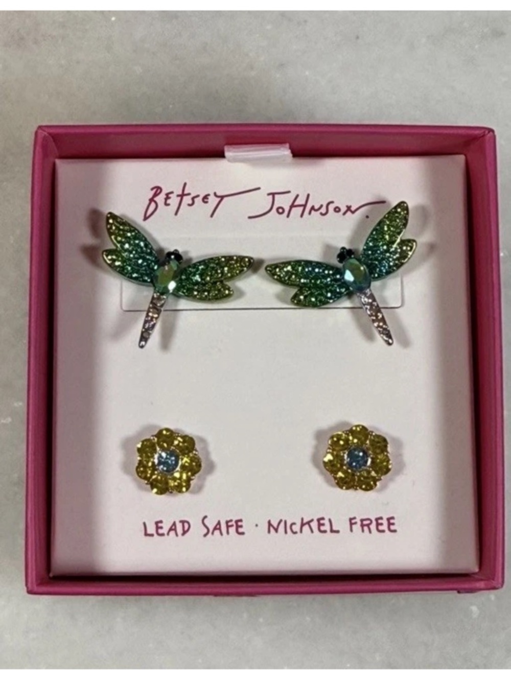 RARE Betsey Johnson Dragonfly Rhinestone Earrings & Flower Set Gold Tone NIB